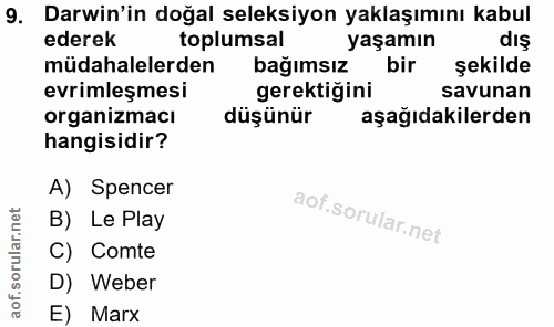 9. soru: Darwin'in doğal seleksiyon yaklaşımını kabul ederek toplumsal yaşamın dış müdahalelerden bağımsız bir şekilde evrimle…