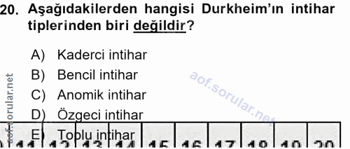20. soru: Aşağıdakilerden hangisi Durkheim'ın intihar tiplerinden biri değildir? A) Kaderci intihar orular.net B) Bencil intiha…