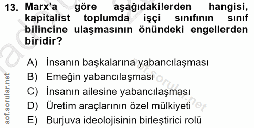 13. soru: Marx'a göre aşağıdakilerden hangisi, kapitalist toplumda işçi sınıfının sınıf bilincine ulaşmasının önündeki engeller…