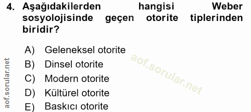 4. soru: Aşağıdakilerden hangisi Weber sosyolojisinde geçen otorite tiplerinden biridir? A) Geleneksel otorite B) Dinsel otori…