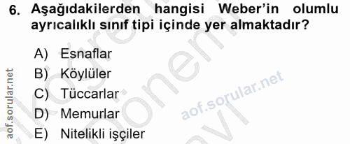 6. soru: Aşağıdakilerden hangisi Weber'in olumlu ayrıcalıklı sınıf tipi içinde yer almaktadır? A) Esnaflar B) Köylüler C) Tücc…
