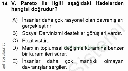 14. soru: V. Pareto ile ilgili aşağıdaki ifadelerden hangisi doğrudur? A) Insanlar daha çok rasyonel olan davranışları gerçekle…