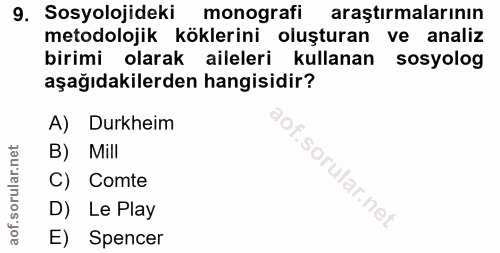 9. soru: Sosyolojideki monografi araştırmalarının metodolojik köklerini oluşturan ve analiz birimi olarak aileleri kullanan so…