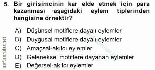5. soru: Bir girişimcinin kar elde etmek için para kazanması aşağıdaki eylem tiplerinden hangisine örnektir? A) Düşünsel motif…