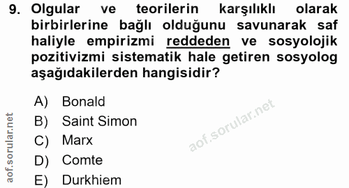 9. soru: Olgular ve teorilerin karşılıklı olarak birbirlerine bağlı olduğunu savunarak saf haliyle empirizmi reddeden ve sosyo…