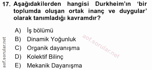 17. soru: Aşağıdakilerden hangisi Durkheim'ın 'bir toplumda oluşan ortak inanç ve duygular' olarak tanımladığı kavramdır? A) İş…