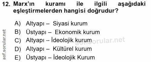 12. soru: Marx in kuramı ile ilgili aşağıdaki eşleştirmelerden hangisi doğrudur? A) Altyapı - Siyasi kurum B) Üstyapı - Ekonomi…