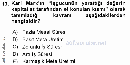 13. soru: Karl Marx'ın "işgücünün yarattığı değerin kapitalist tarafından el konulan kısmı" olarak tanımladığı kavram aşağıdaki…