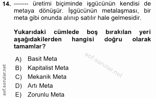 14. soru: —— üretimi biçiminde işgücünün kendisi de metaya dönüşür. İşgücünün metalaşması, bir meta gibi onunda alınıp satılır…
