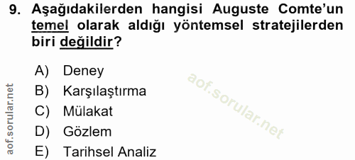 9. soru: Aşağıdakilerden hangisi Auguste Comte'un temel olarak aldığı yöntemsel stratejilerden biri değildir? A) Deney B) Karş…