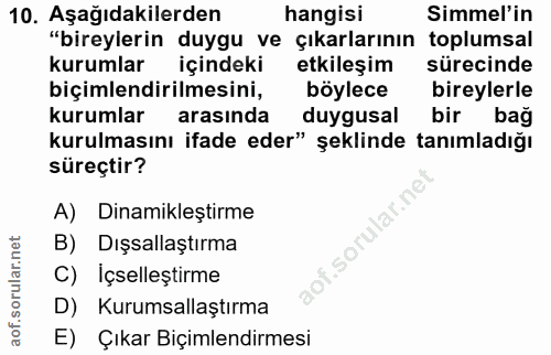 10. soru: Aşağıdakilerden hangisi Simmel'in "bireylerin duygu ve çıkarlarının toplumsal kurumlar içindeki etkileşim sürecinde b…