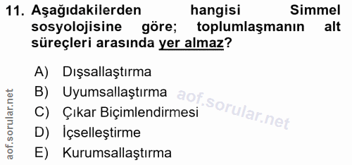 11. soru: Aşağıdakilerden hangisi Simmel sosyolojisine göre; toplumlaşmanın alt süreçleri arasında yer almaz? B) Uyumsallaştırm…