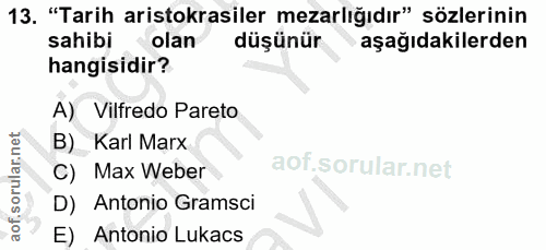 13. soru: "Tarih aristokrasiler mezarlığıdır" sözlerinin sahibi olan düşünür aşağıdakilerden hangisidir? A) Vilfredo Pareto B)…