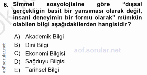 6. soru: Simmel sosyolojisine göre "dışsal gerçekliğin basit bir yansıması olarak değil, insani deneyimin bir formu olarak" mü…