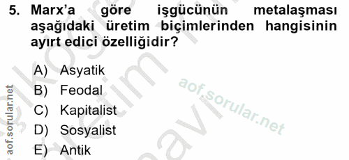 5. soru: Marx'a göre işgücünün metalaşması aşağıdaki üretim biçimlerinden hangisinin ayırt edici özelliğidir? A) Asyatik B) Fe…
