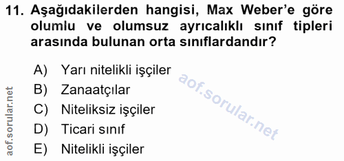 11. soru: Aşağıdakilerden hangisi, Max Weber'e göre olumlu ve olumsuz ayrıcalıklı sınıf tipleri arasında bulunan orta sınıflard…