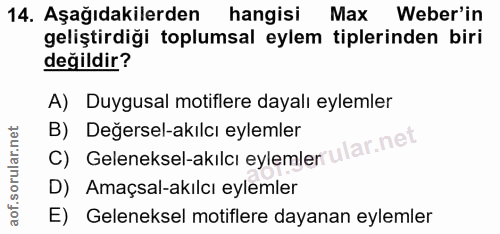 14. soru: Aşağıdakilerden hangisi Max Weber'in geliştirdiği toplumsal eylem tiplerinden biri değildir? A) Duygusal motiflere da…