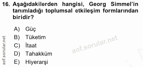 16. soru: Aşağıdakilerden hangisi, Georg Simmel'in tanımladığı toplumsal etkileşim formlarından biridir? A) Güç B) Tüketim C) I…