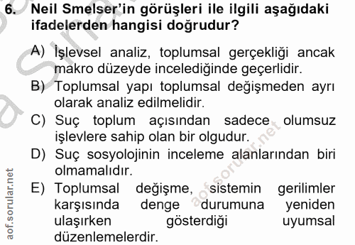 6. soru: Neil Selser'in görüşleri ile ilgili aşağıdaki ifadelerden hangisi doğrudur? A) İşlevsel analiz, toplumsal gerçekliği…