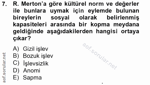 7. soru: R. Merton'a göre kültürel norm ve değerler ile bunlara uymak için eylemde bulunan bireylerin sosyal olarak belirlenmi…