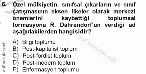 6. soru: Özel mülkiyetin, sınıfsal çıkarların ve sınıf çatışmasının eksen ilkeler olarak merkezi önemlerini kaybettiği toplums…