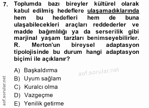 7. soru: Toplumda bazı bireyler kültürel olarak kabul edilmiş hedeflere ulaşamadıklarında hem bu hedefleri hem de buna ulaşabi…