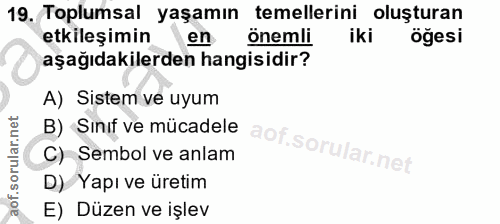 19. soru: Toplumsal yaşamın temellerini oluşturan etkileşimin en önemli iki öğesi aşağıdakilerden hangisidir? A) Sistem ve uyum…