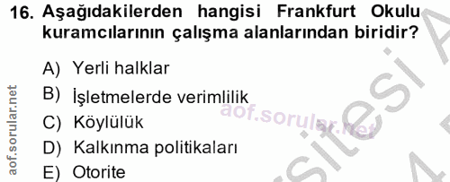16. soru: Aşağıdakilerden hangisi Frankfurt Okulu kuramcılarının çalışma alanlarından biridir? A) Yerli halklar B) İşletmelerde…