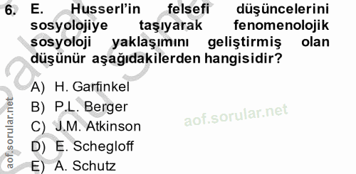6. soru: E. usserl'in felsefi düşüncelerini sosyolojiye taşıyarak fenomenolojik sosyoloji yaklaşımını geliştirmiş olan düşünür…