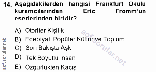 14. soru: Aşağıdakilerden hangisi Frankfurt Okulu kuramcılarından Eric Fromm'un eserlerinden biridir? A) Otoriter Kişilik B) Ed…