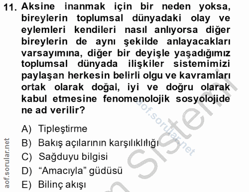 11. soru: Aksine inanmak için bir neden yoksa, bireylerin toplumsal dünyadaki olay ve eylemleri kendileri nasıl anlıyorsa diğer…