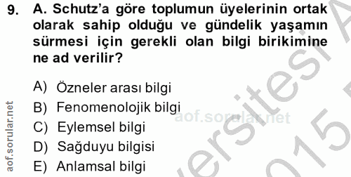 9. soru: A. Schutz'a göre toplumun üyelerinin ortak olarak sahip olduğu ve gündelik yaşamın sürmesi için gerekli olan bilgi bi…
