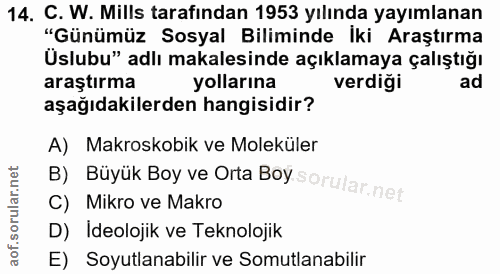14. soru: C. W. Mills tarafından 1953 yılında yayımlanan "Günümüz Sosyal Biliminde İki Araştırma Üslubu" adlı makalesinde açıkl…
