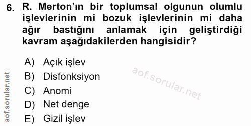 6. soru: R. Merton'ın bir toplumsal olgunun olumlu işlevlerinin mi bozuk işlevlerinin mi daha ağır bastığını anlamak için geli…