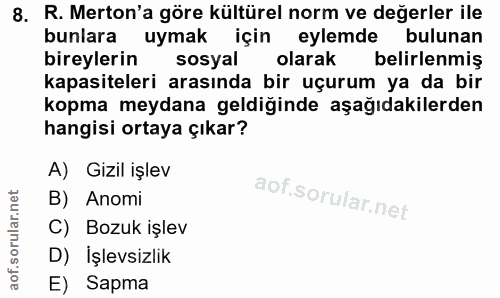 8. soru: R. Merton'a göre kültürel norm ve değerler ile bunlara uymak için eylemde bulunan bireylerin sosyal olarak belirlenmi…