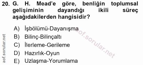 20. soru: G. H. Mead'e göre, benliğin toplumsal gelişiminin dayandığı ikili süreç aşağıdakilerden hangisidir? A) Işbölümü-Dayan…