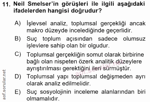 11. soru: Neil Selser'in görüşleri ile ilgili aşağıdaki ifadelerden hangisi doğrudur? A) İşlevsel analiz, toplumsal gerçekliği…