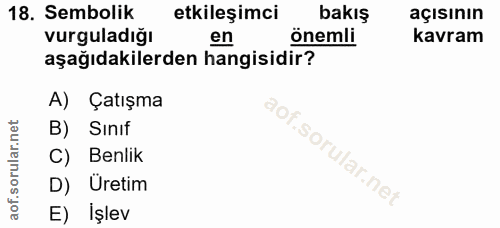 18. soru: Sembolik etkileşimci bakış açısının vurguladığı en önemli kavram aşağıdakilerden hangisidir? A) Çatışma B) Sınıf C) B…