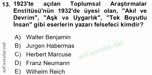 13. soru: 1923 te açılan Toplumsal Araştırmalar Enstitüsü'nün 1932'de üyesi olan, "Akıl ve Devrim", "Aşk ve Uygarlık", "Tek Boy…