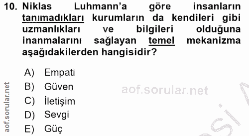 10. soru: Niklas Luhmann'a göre insanların tanımadıkları kurumların da kendileri gibi uzmanlıkları ve bilgileri olduğuna inanma…