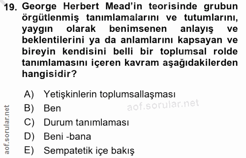 19. soru: George Herbert Mead'in teorisinde grubun örgütlenmiş tanımlamalarını ve tutumlarını, yaygın olarak benimsenen anlayış…