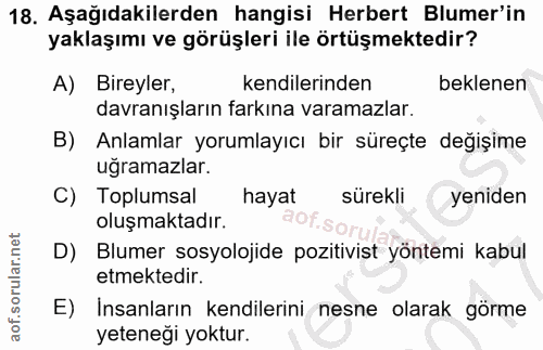 18. soru: Aşağıdakilerden hangisi Herbert Blumer'in yaklaşımı ve görüşleri ile örtüşmektedir? A) Bireyler, kendilerinden beklen…