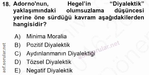 18. soru: Adorno'nun, Hegel'in "Diyalektik" yaklaşımındaki olumsuzlama düşüncesi yerine öne sürdüğü kavram aşağıdakilerden hang…