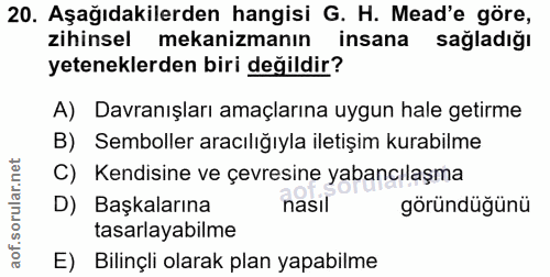 20. soru: Aşağıdakilerden hangisi G. H. Mead'e göre, zihinsel mekanizmanın insana sağladığı yeteneklerden biri değildir? A) Dav…