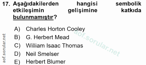17. soru: Aşağıdakilerden hangisi sembolik etkileşimin gelişimine katkıda bulunmamıştır? A) Charles Horton Cooley B) G. Herbert…