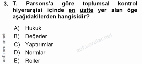 3. soru: T. Parsons'a göre toplumsal kontrol hiyerarşisi içinde en üstte yer alan öge aşağıdakilerden hangisidir? A) Hukuk B)…
