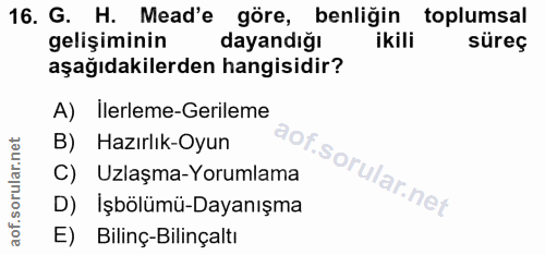 16. soru: G. H. Mead'e göre, benliğin toplumsal gelişiminin dayandığı ikili süreç aşağıdakilerden hangisidir? A) Ilerleme-Geril…