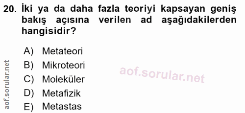 20. soru: İki ya da daha fazla teoriyi kapsayan geniş bakış açısına verilen ad aşağıdakilerden hangisidir? A) Metateori B) Mikr…