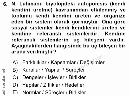 6. soru: N. Luhmann biyolojideki autopoiesis (kendi kendini üretme) kavramından etkilenmiş ve toplumu kendi kendini üreten ve…