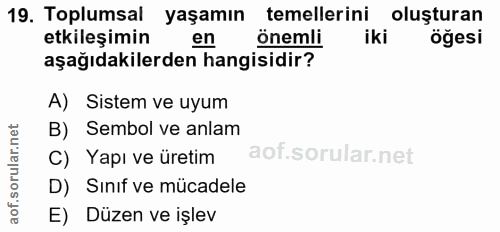 19. soru: Toplumsal yaşamın temellerini oluşturan etkileşimin en önemli iki öğesi aşağıdakilerden hangisidir? A) Sistem ve uyum…